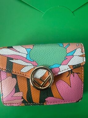 Floral Print Compact Wallet with Gold Accent